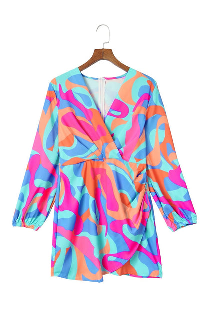 Vibrant Abstract Print V-Neck Puff Sleeve Mini Dress