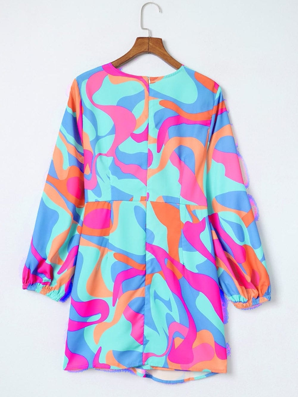 Vibrant Abstract Print V-Neck Puff Sleeve Mini Dress