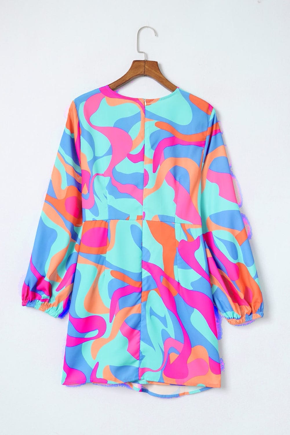 Vibrant Abstract Print V-Neck Puff Sleeve Mini Dress
