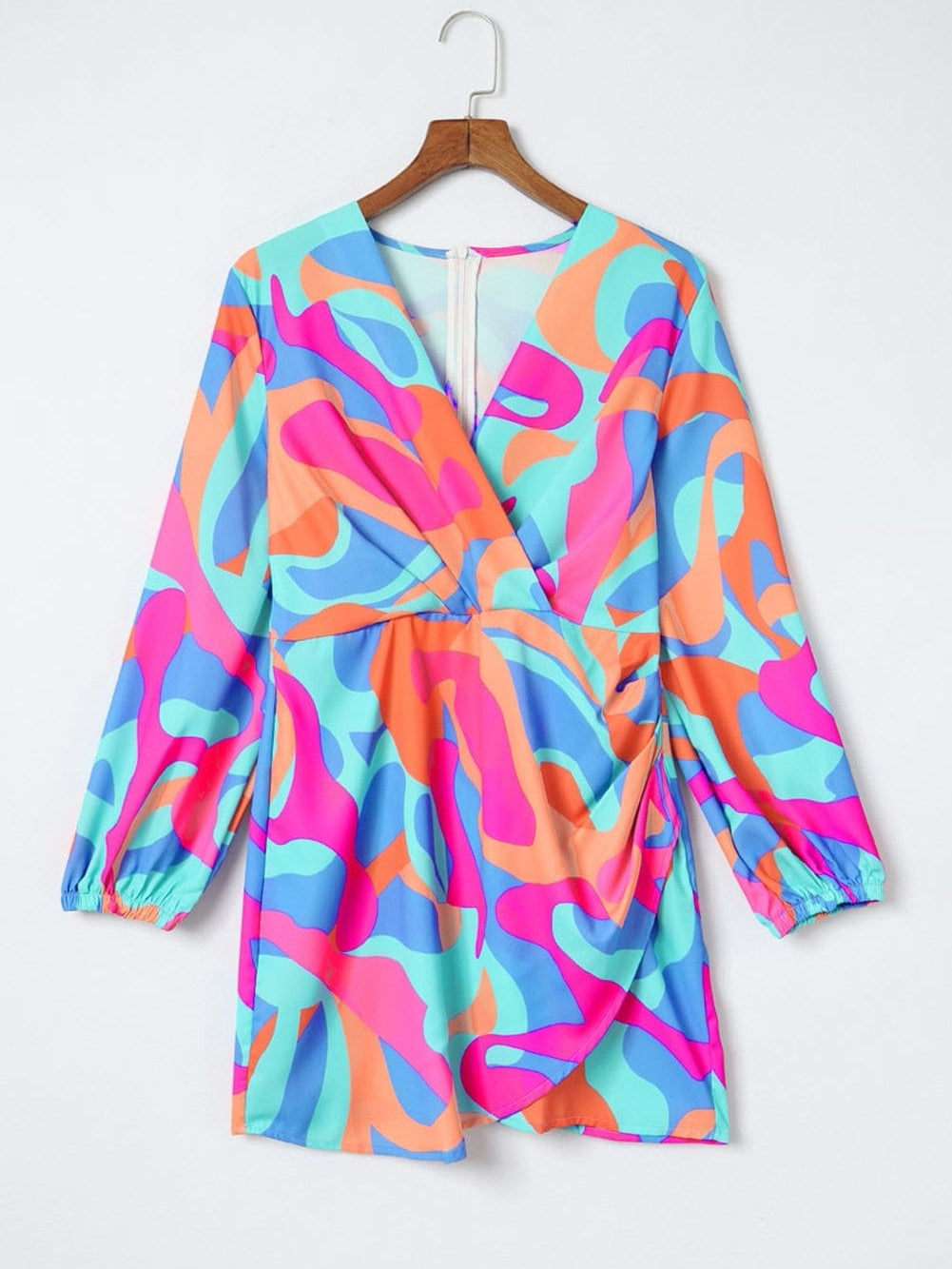 Vibrant Abstract Print V-Neck Puff Sleeve Mini Dress