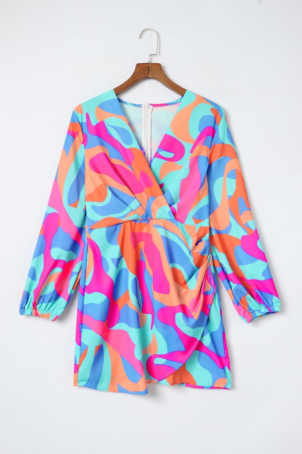 Vibrant Abstract Print V-Neck Puff Sleeve Mini Dress