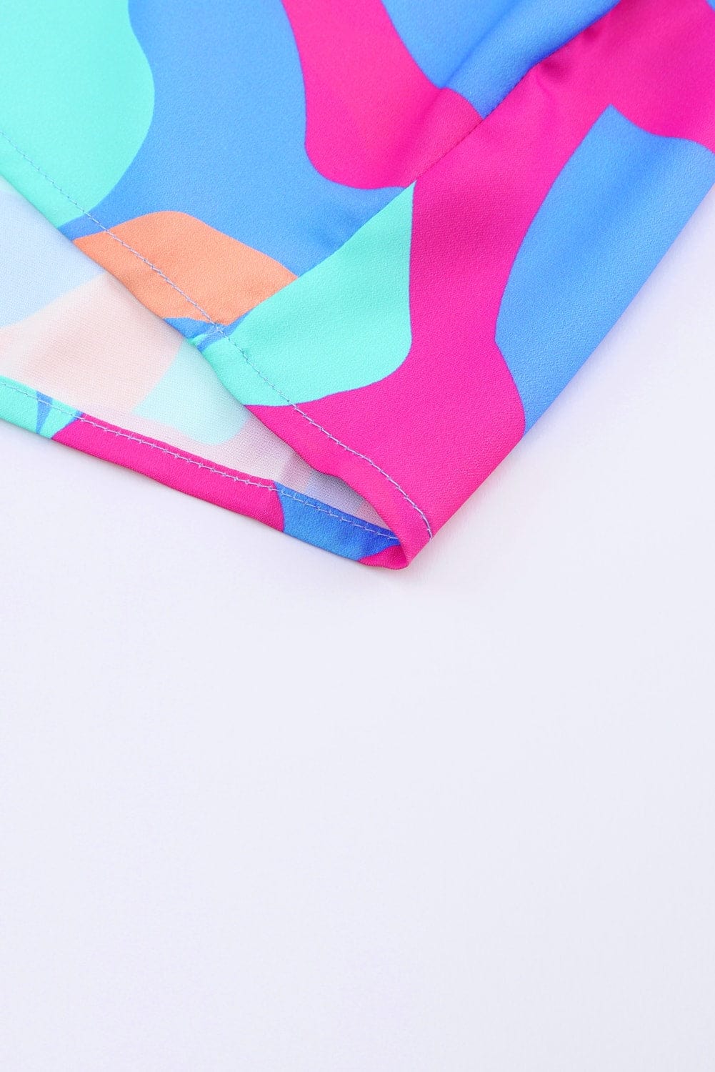 Vibrant Abstract Print V-Neck Puff Sleeve Mini Dress