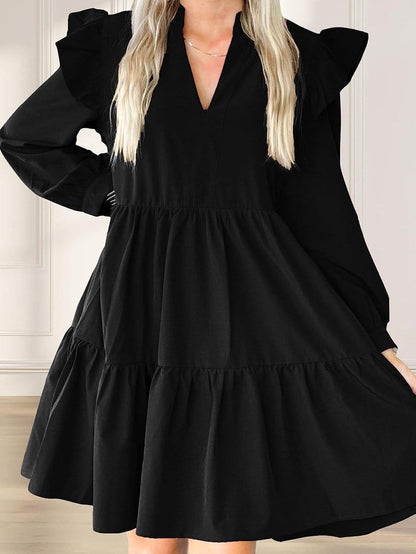 Vibrant Black V Neck Ruffle Dress with Pocket Detail