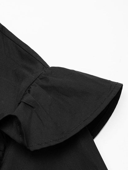 Vibrant Black V Neck Ruffle Dress with Pocket Detail