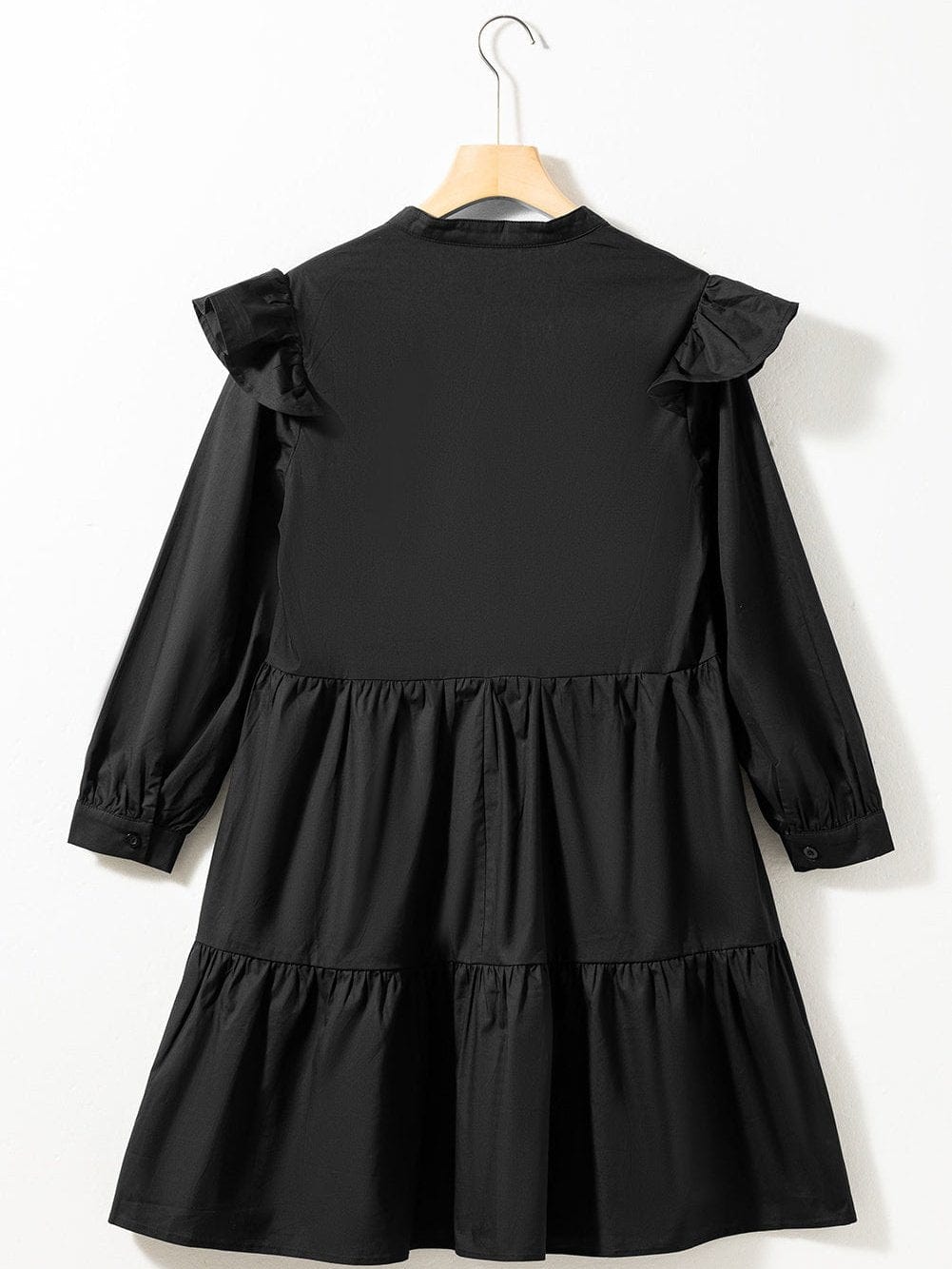 Vibrant Black V Neck Ruffle Dress with Pocket Detail