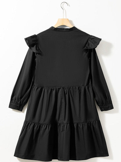 Vibrant Black V Neck Ruffle Dress with Pocket Detail