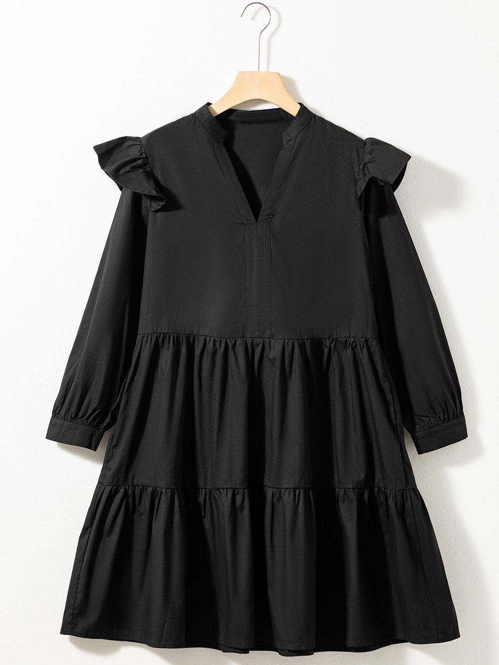 Vibrant Black V Neck Ruffle Dress with Pocket Detail