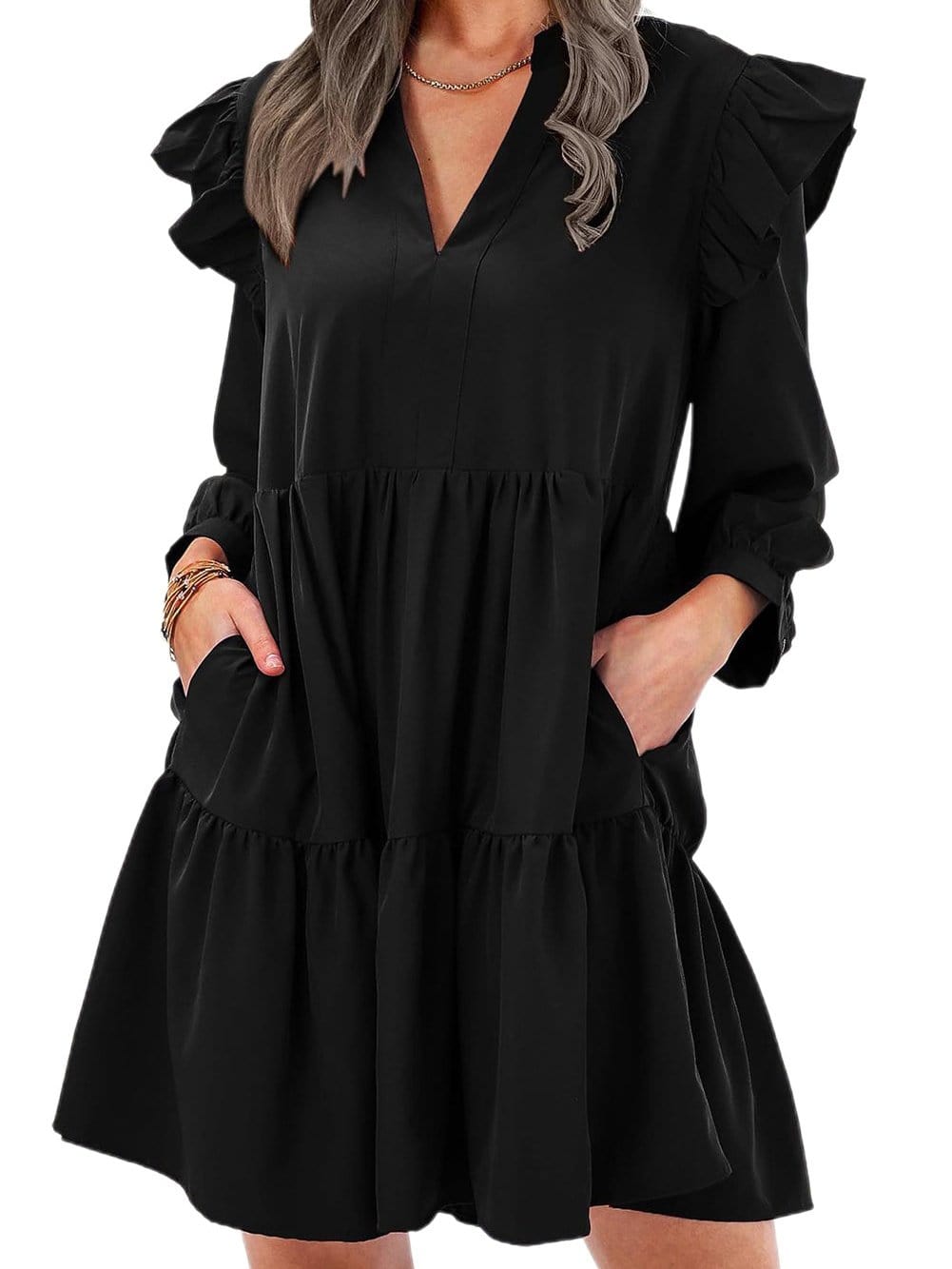 Vibrant Black V Neck Ruffle Dress with Pocket Detail