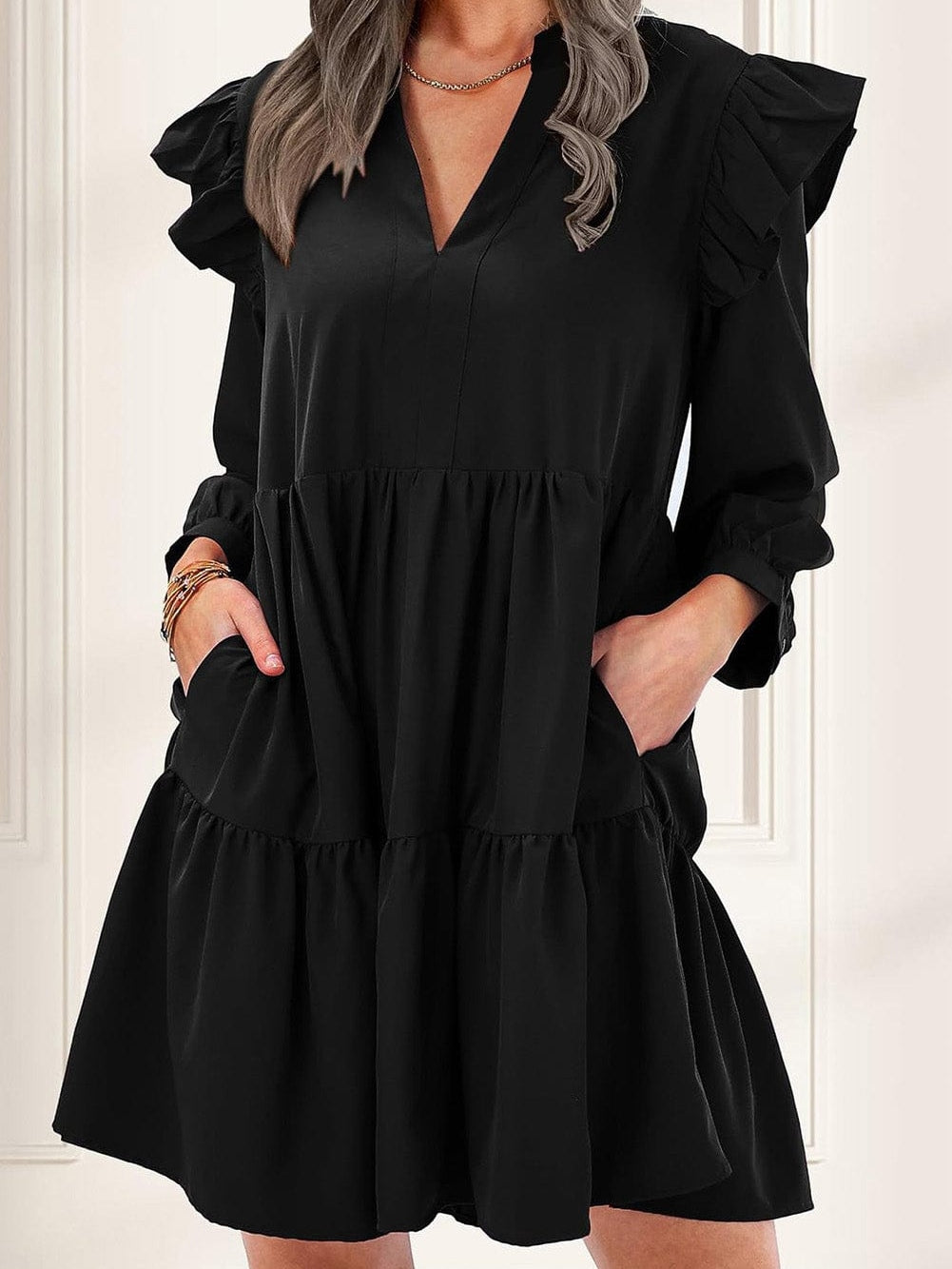 Vibrant Black V Neck Ruffle Dress with Pocket Detail