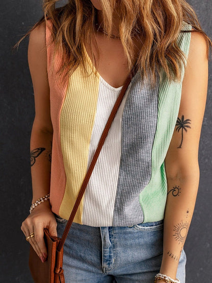 Vibrant Color Block V-Neck Waffle Knit Tank Top