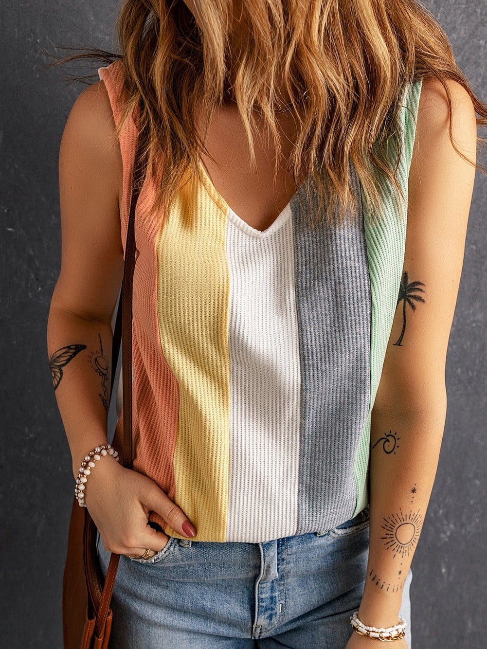 Vibrant Color Block V-Neck Waffle Knit Tank Top