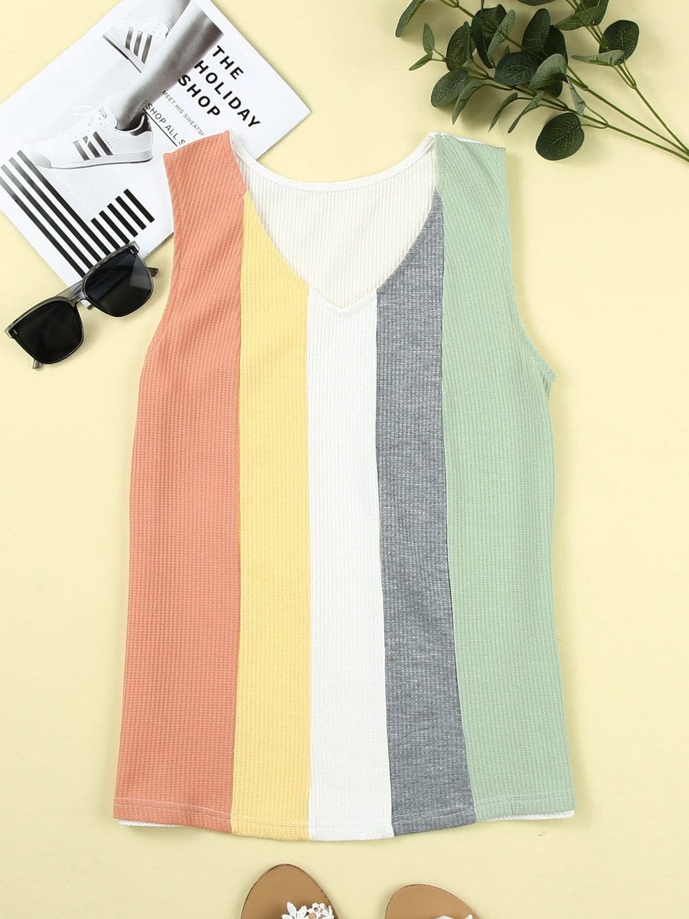 Vibrant Color Block V-Neck Waffle Knit Tank Top