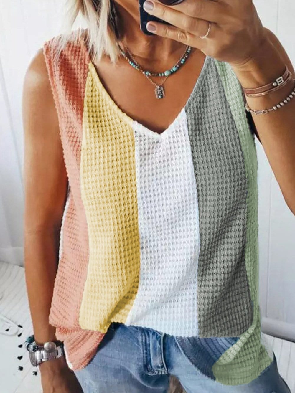 Vibrant Color Block V-Neck Waffle Knit Tank Top