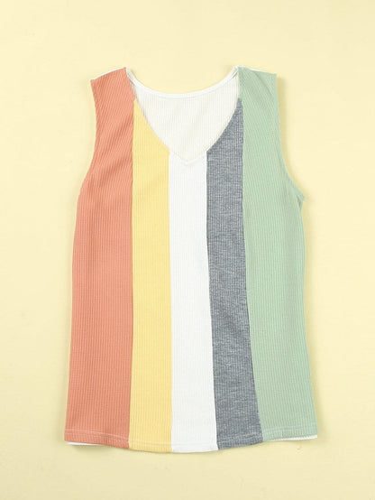 Vibrant Color Block V-Neck Waffle Knit Tank Top