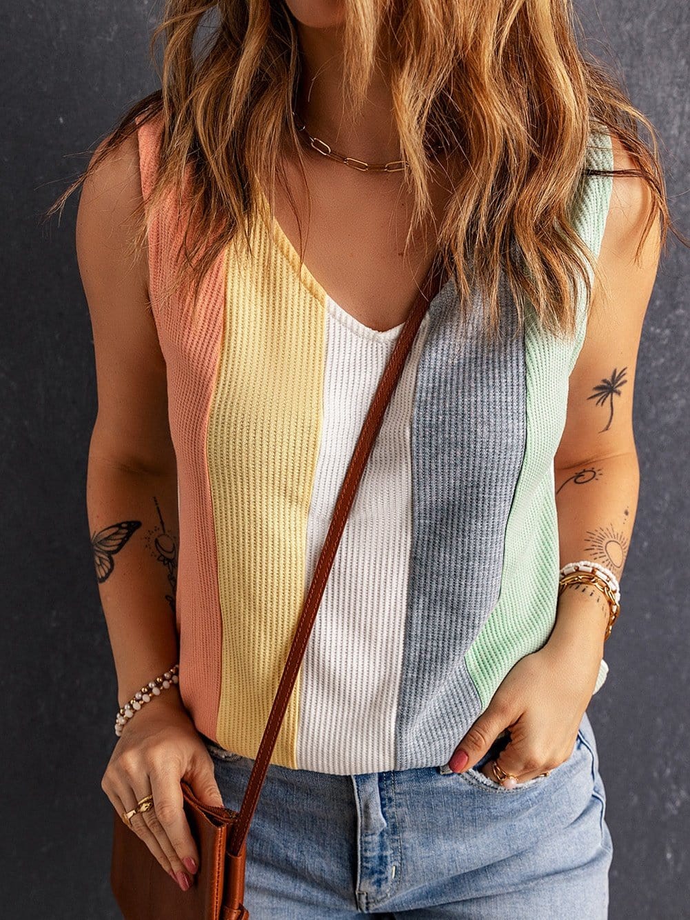 Vibrant Color Block V-Neck Waffle Knit Tank Top
