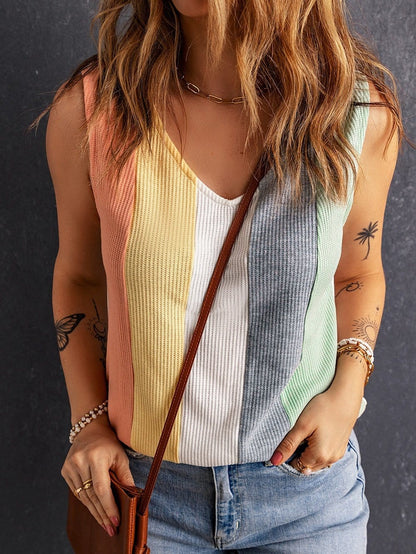 Vibrant Color Block V-Neck Waffle Knit Tank Top