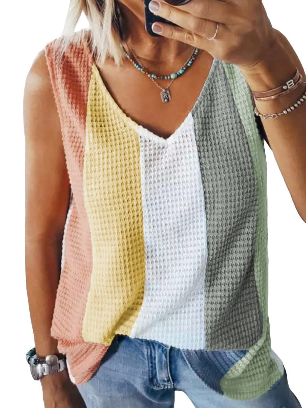 Vibrant Color Block V-Neck Waffle Knit Tank Top