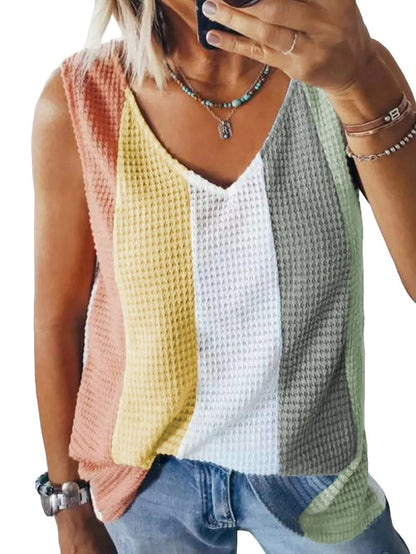 Vibrant Color Block V-Neck Waffle Knit Tank Top