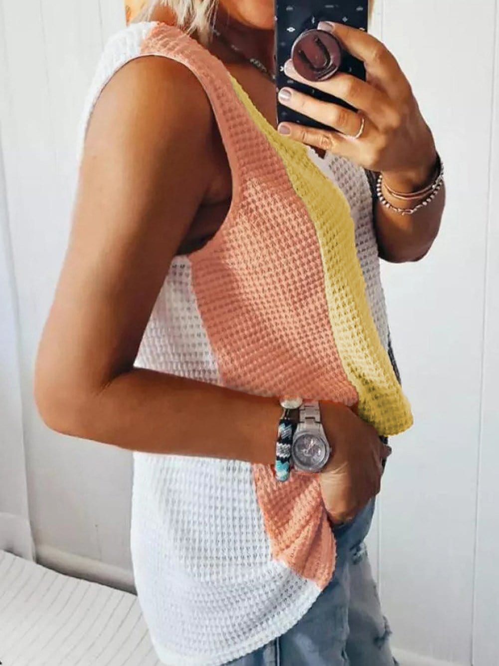 Vibrant Color Block V-Neck Waffle Knit Tank Top