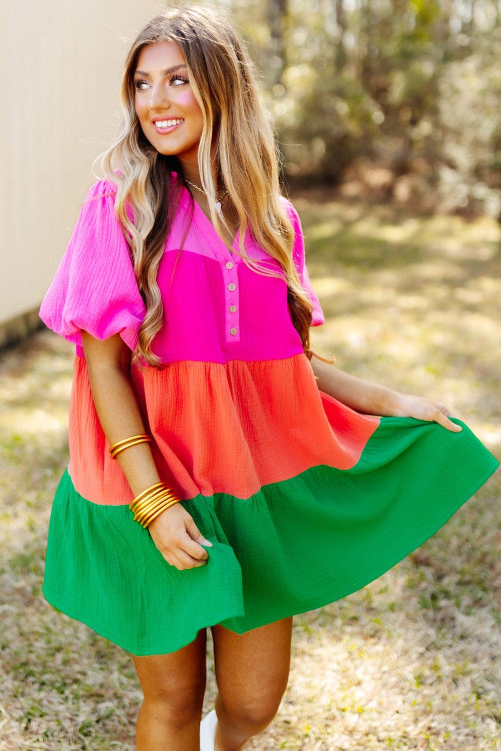 Vibrant Color Panel Ruffle Sleeve Mini Dress