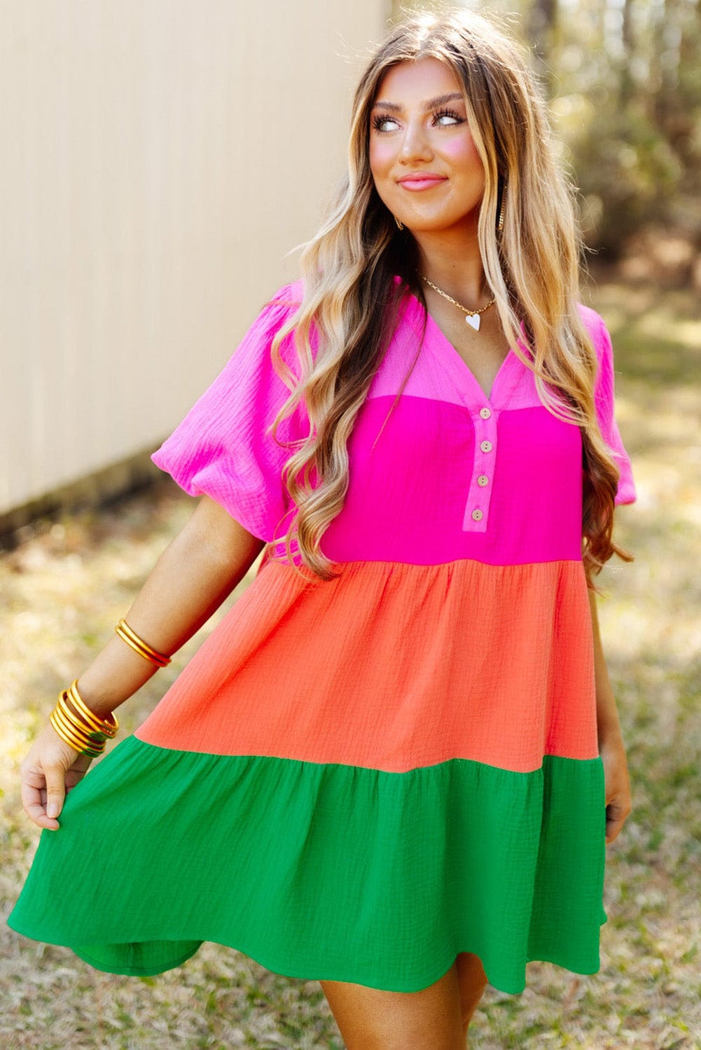 Vibrant Color Panel Ruffle Sleeve Mini Dress