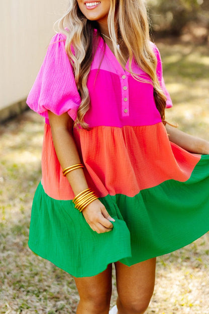 Vibrant Color Panel Ruffle Sleeve Mini Dress