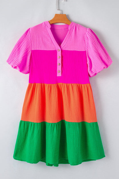 Vibrant Color Panel Ruffle Sleeve Mini Dress