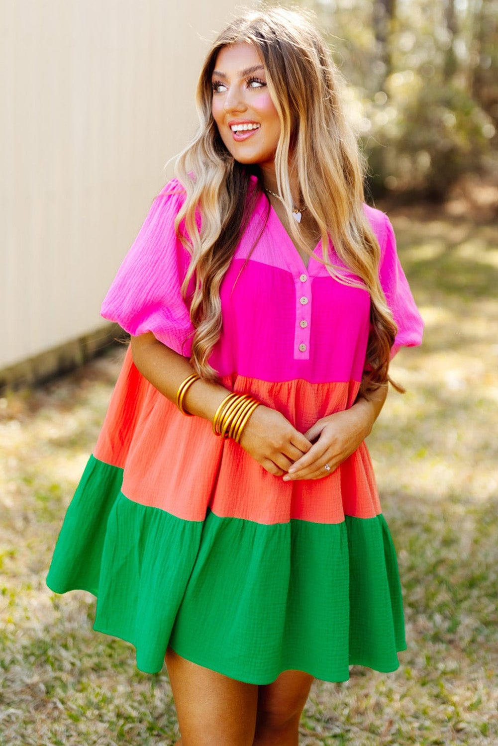 Vibrant Color Panel Ruffle Sleeve Mini Dress