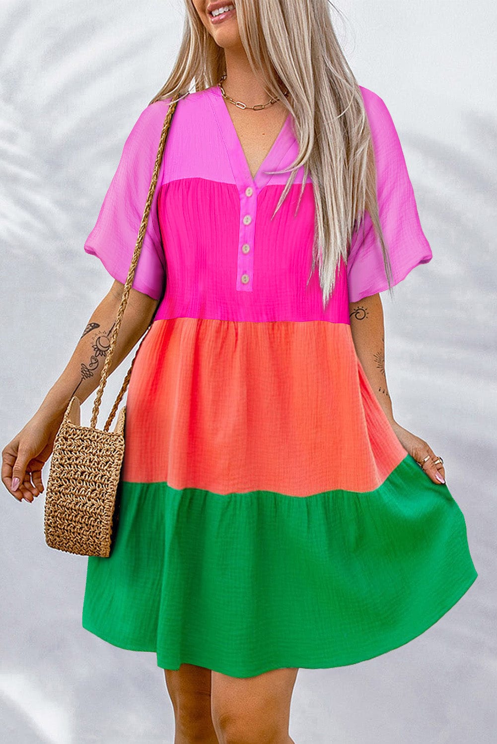 Vibrant Color Panel Ruffle Sleeve Mini Dress