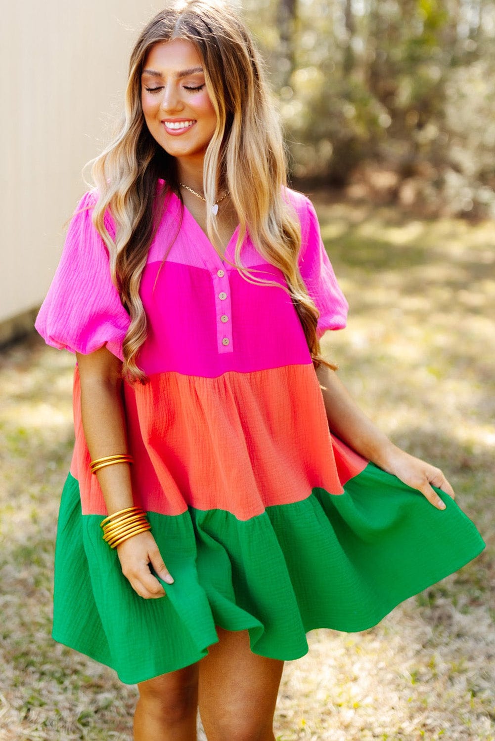 Vibrant Color Panel Ruffle Sleeve Mini Dress