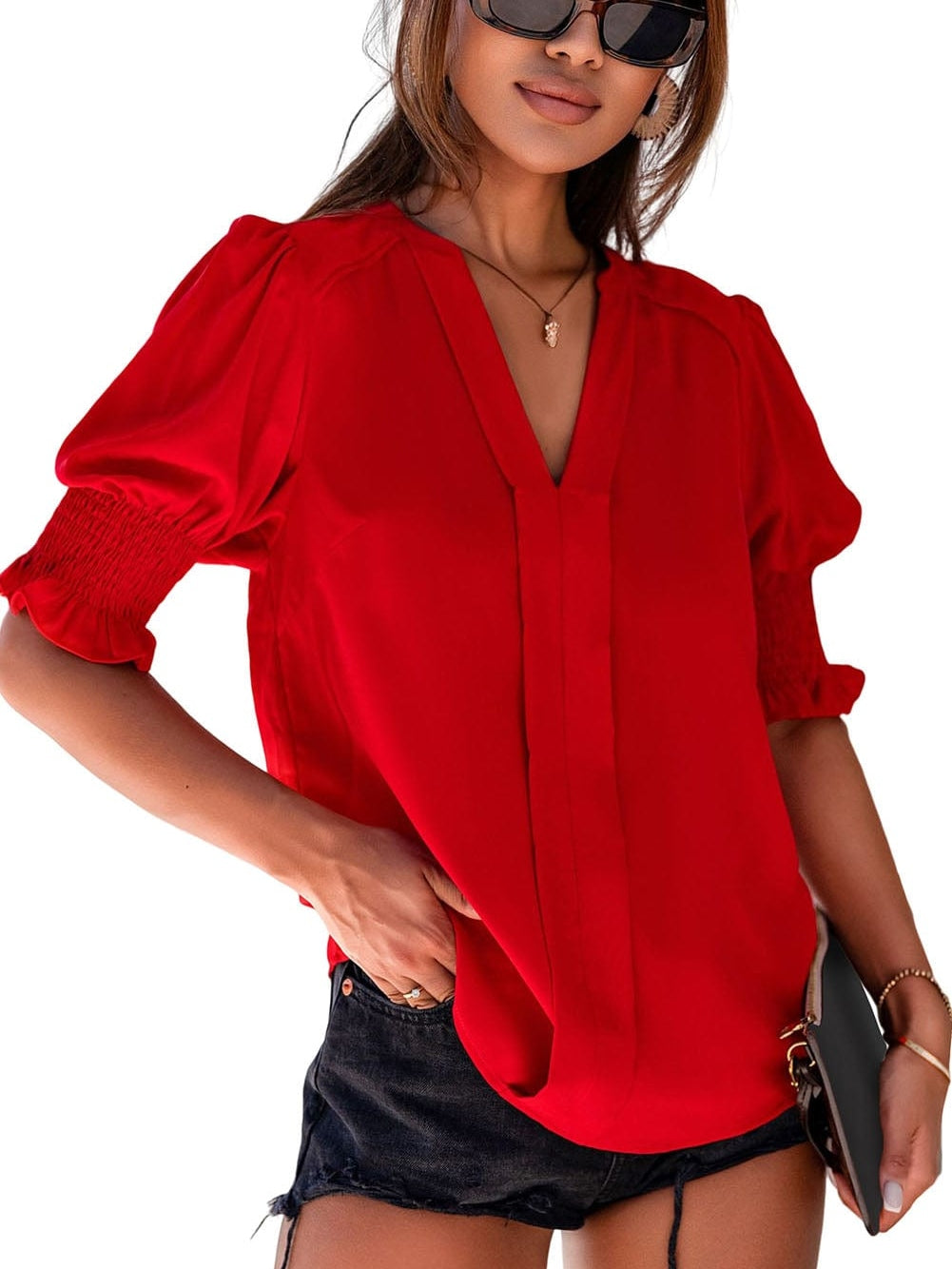 Vibrant Crimson V Neck Blouse with Puffy Sleeves