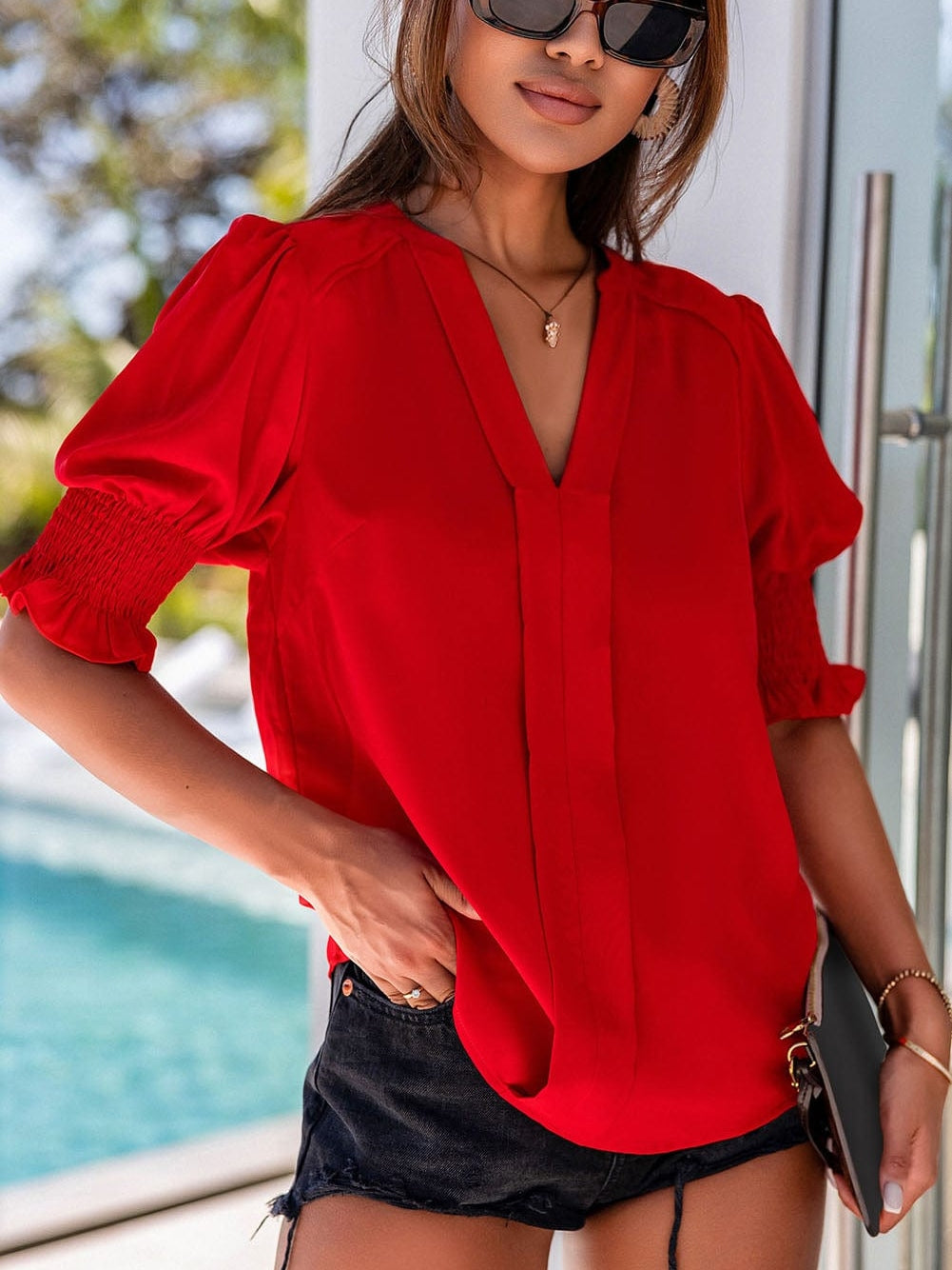 Vibrant Crimson V Neck Blouse with Puffy Sleeves