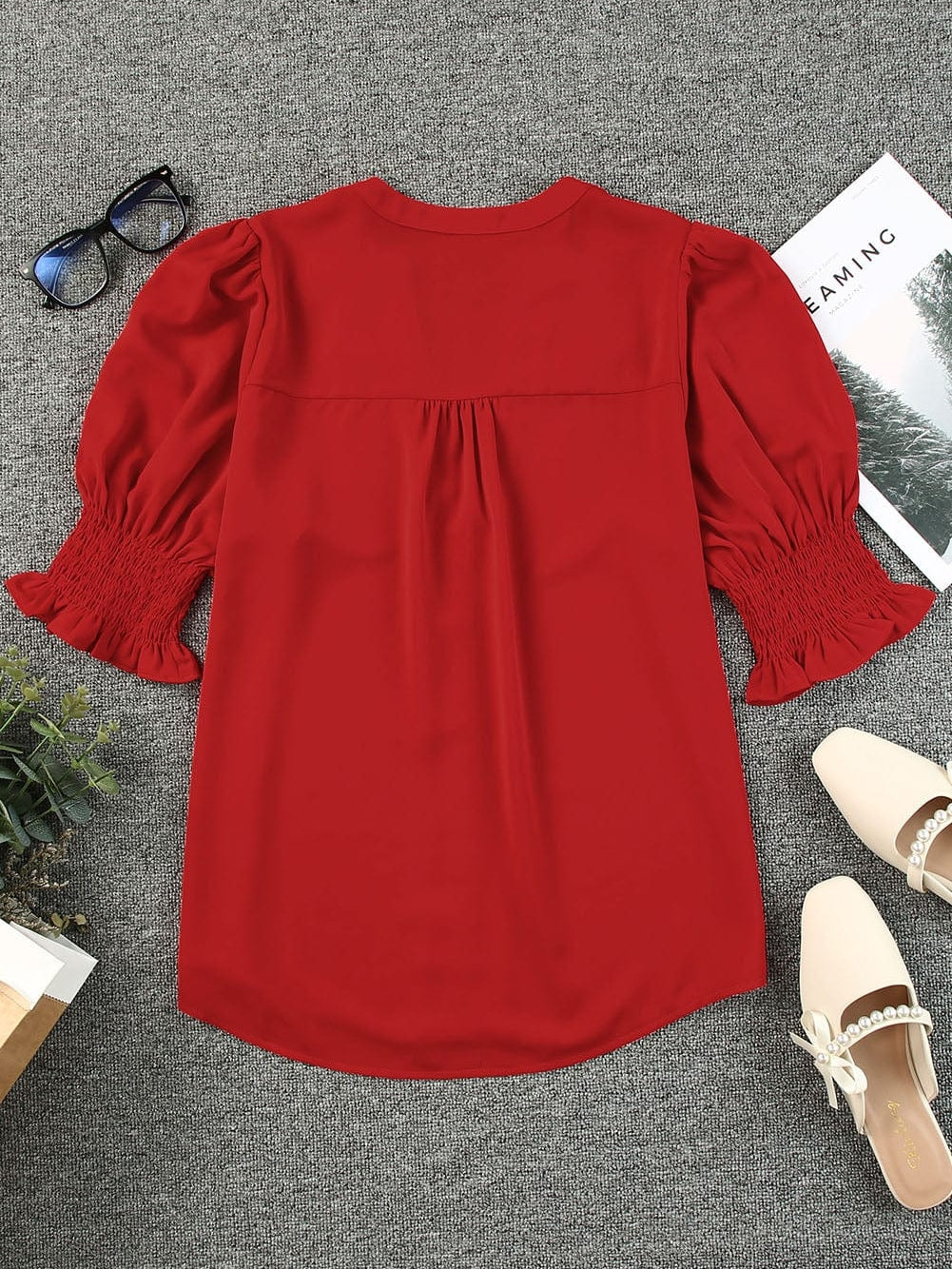 Vibrant Crimson V Neck Blouse with Puffy Sleeves