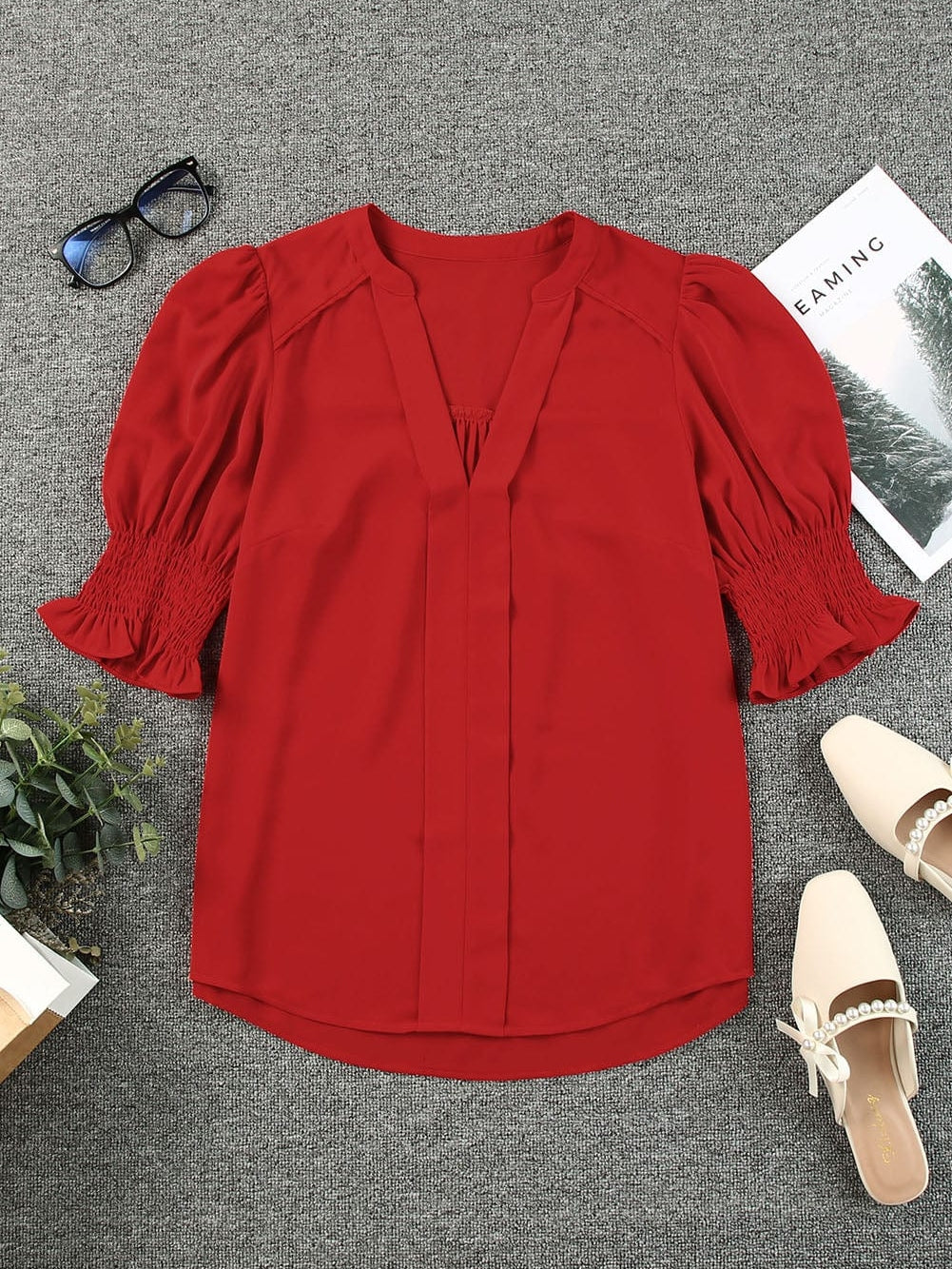 Vibrant Crimson V Neck Blouse with Puffy Sleeves