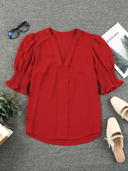 Vibrant Crimson V Neck Blouse with Puffy Sleeves