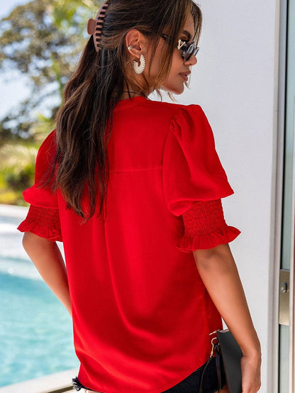 Vibrant Crimson V Neck Blouse with Puffy Sleeves