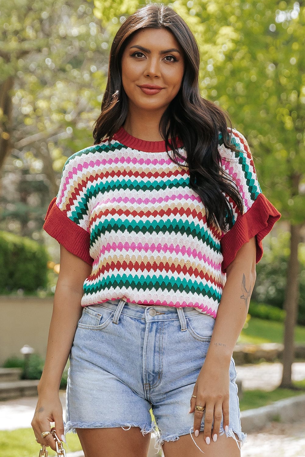 Vibrant Fiery Red Ruffle Sleeve Knit Sweater