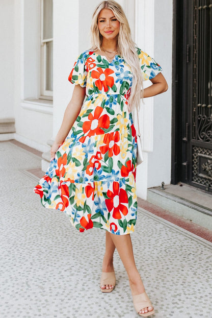 Vibrant Floral A-Line Midi Dress with Bubble Sleeves