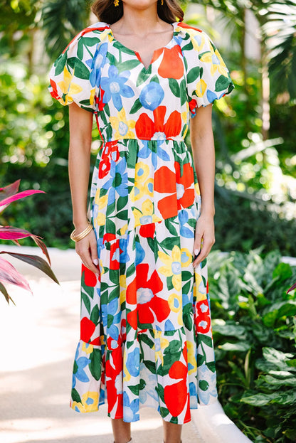 Vibrant Floral A-Line Midi Dress with Bubble Sleeves