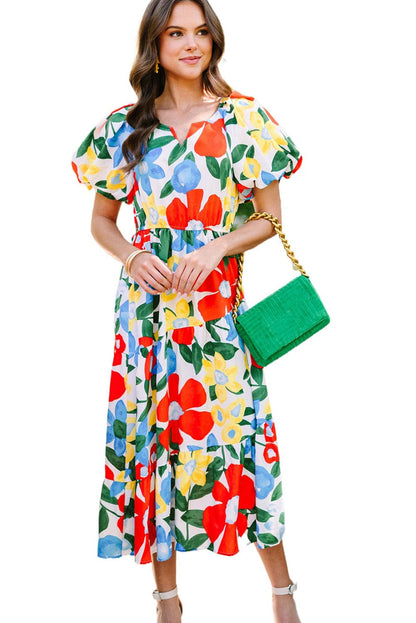 Vibrant Floral A-Line Midi Dress with Bubble Sleeves