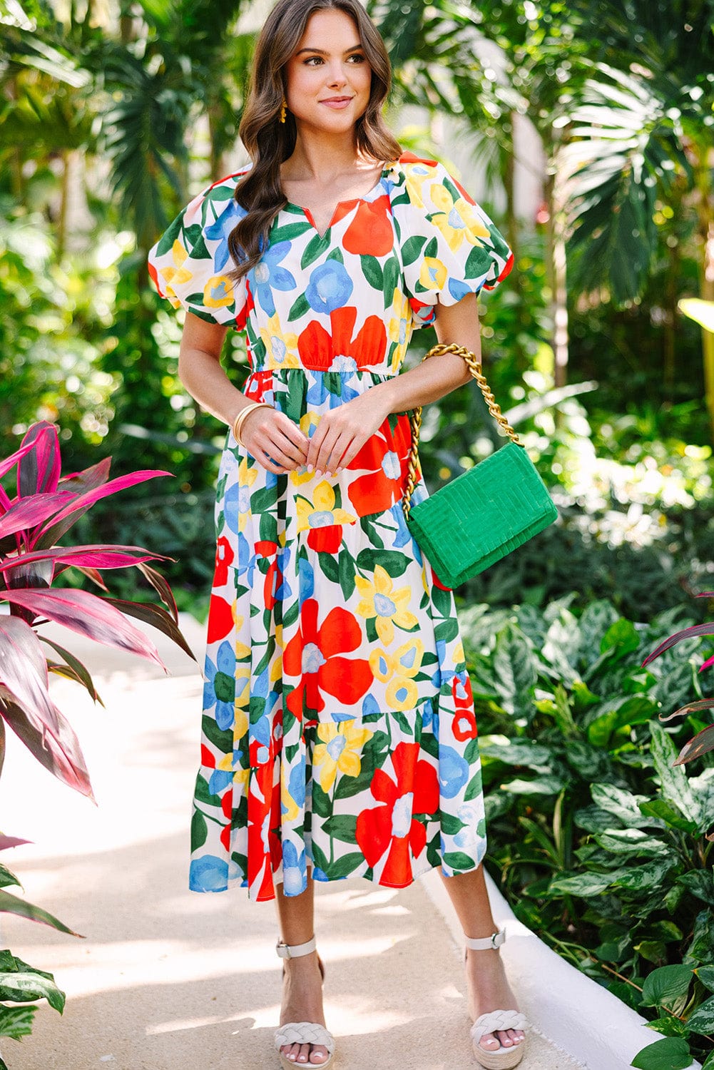 Vibrant Floral A-Line Midi Dress with Bubble Sleeves