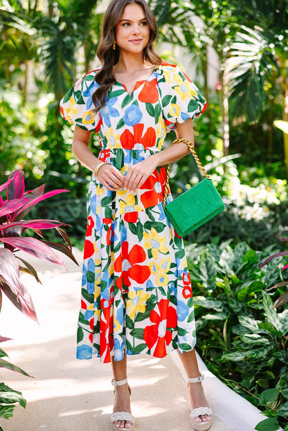 Vibrant Floral A-Line Midi Dress with Bubble Sleeves