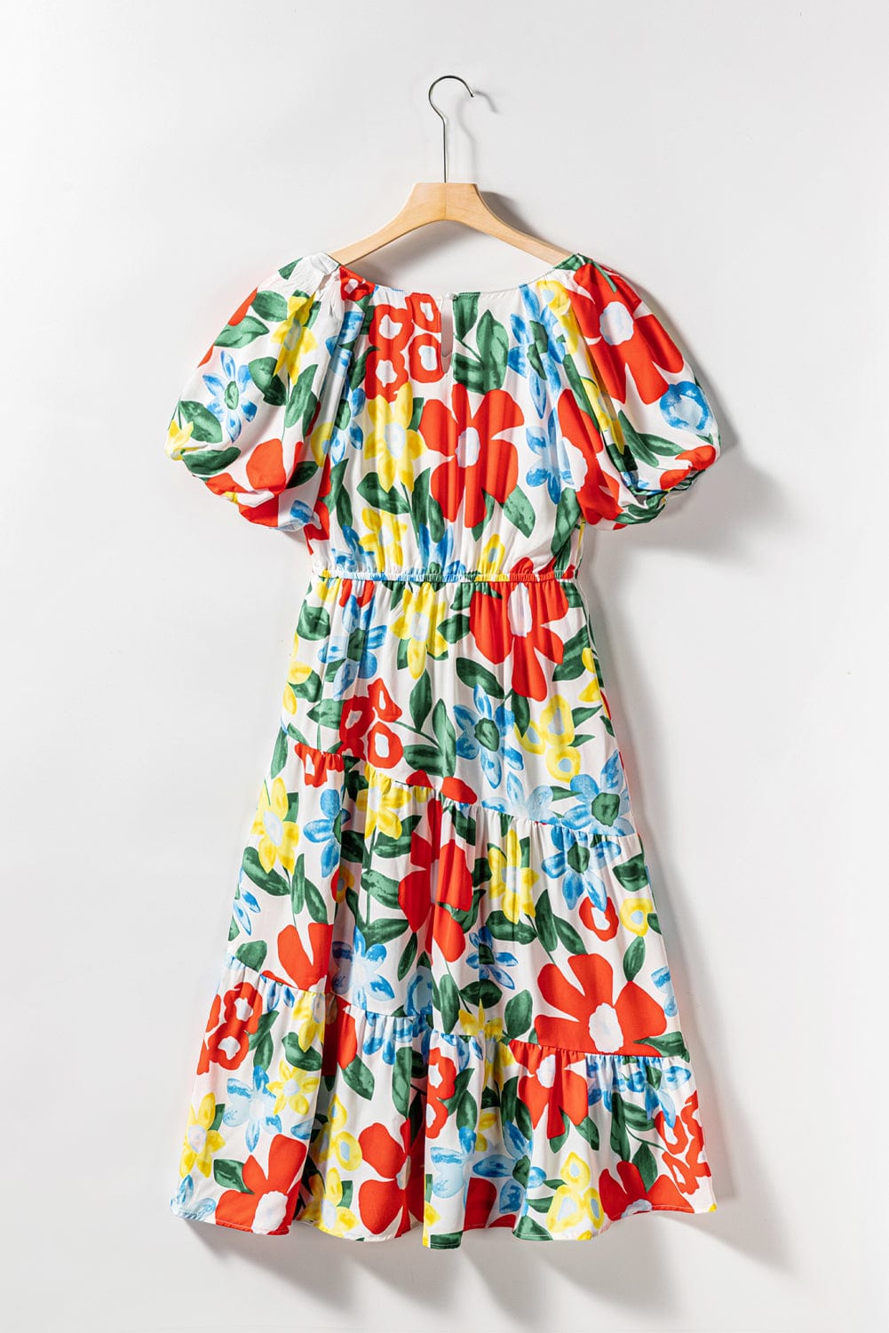 Vibrant Floral A-Line Midi Dress with Bubble Sleeves