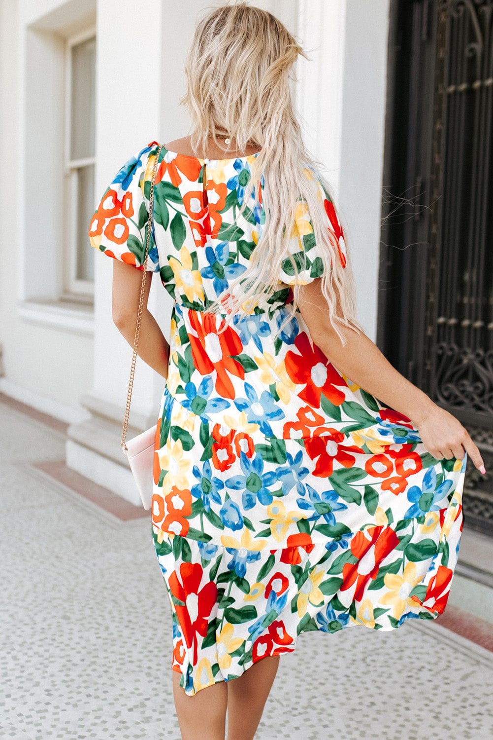 Vibrant Floral A-Line Midi Dress with Bubble Sleeves