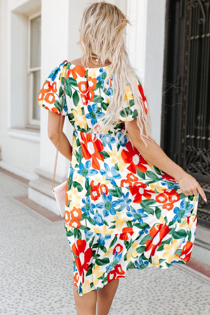 Vibrant Floral A-Line Midi Dress with Bubble Sleeves