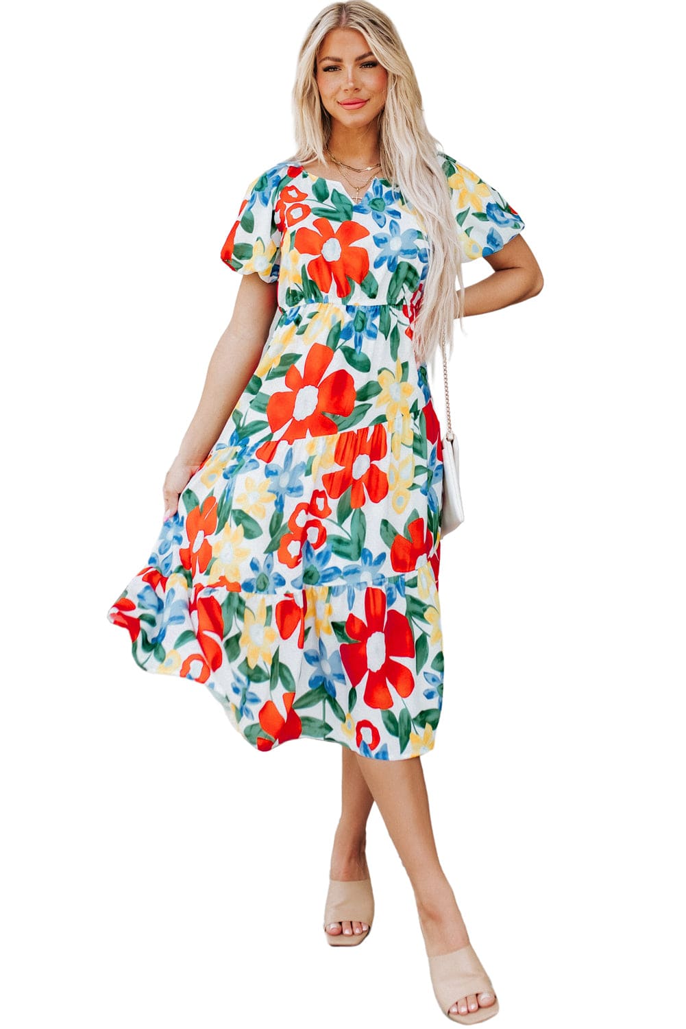 Vibrant Floral A-Line Midi Dress with Bubble Sleeves