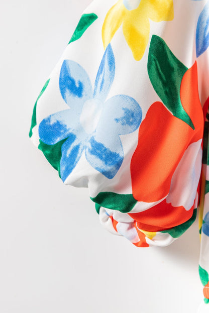 Vibrant Floral A-Line Midi Dress with Bubble Sleeves