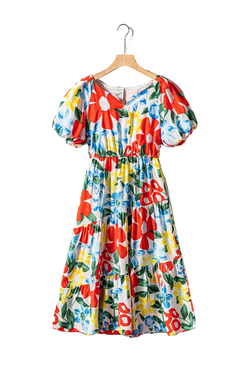 Vibrant Floral A-Line Midi Dress with Bubble Sleeves