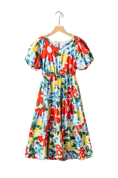 Vibrant Floral A-Line Midi Dress with Bubble Sleeves