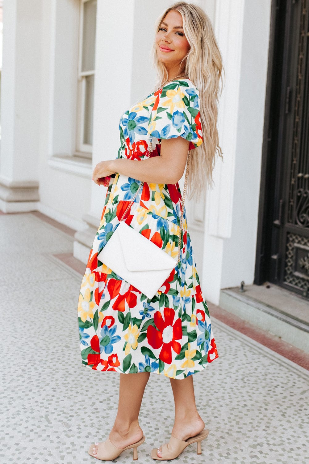 Vibrant Floral A-Line Midi Dress with Bubble Sleeves